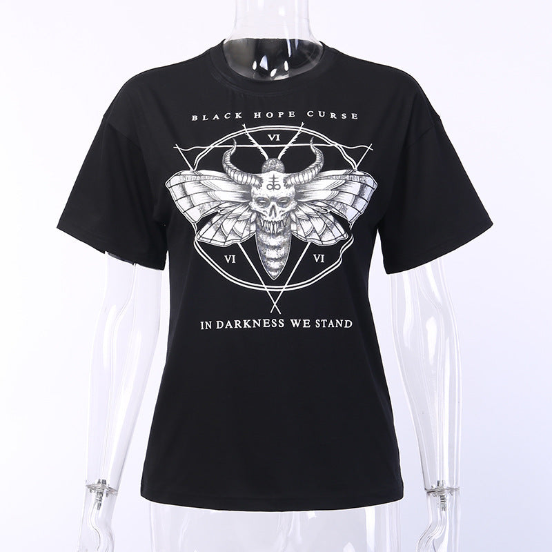 Black Moth Curse Goth Style Casual Round Neck Short Sleeved Graphic Print Tee Shirt