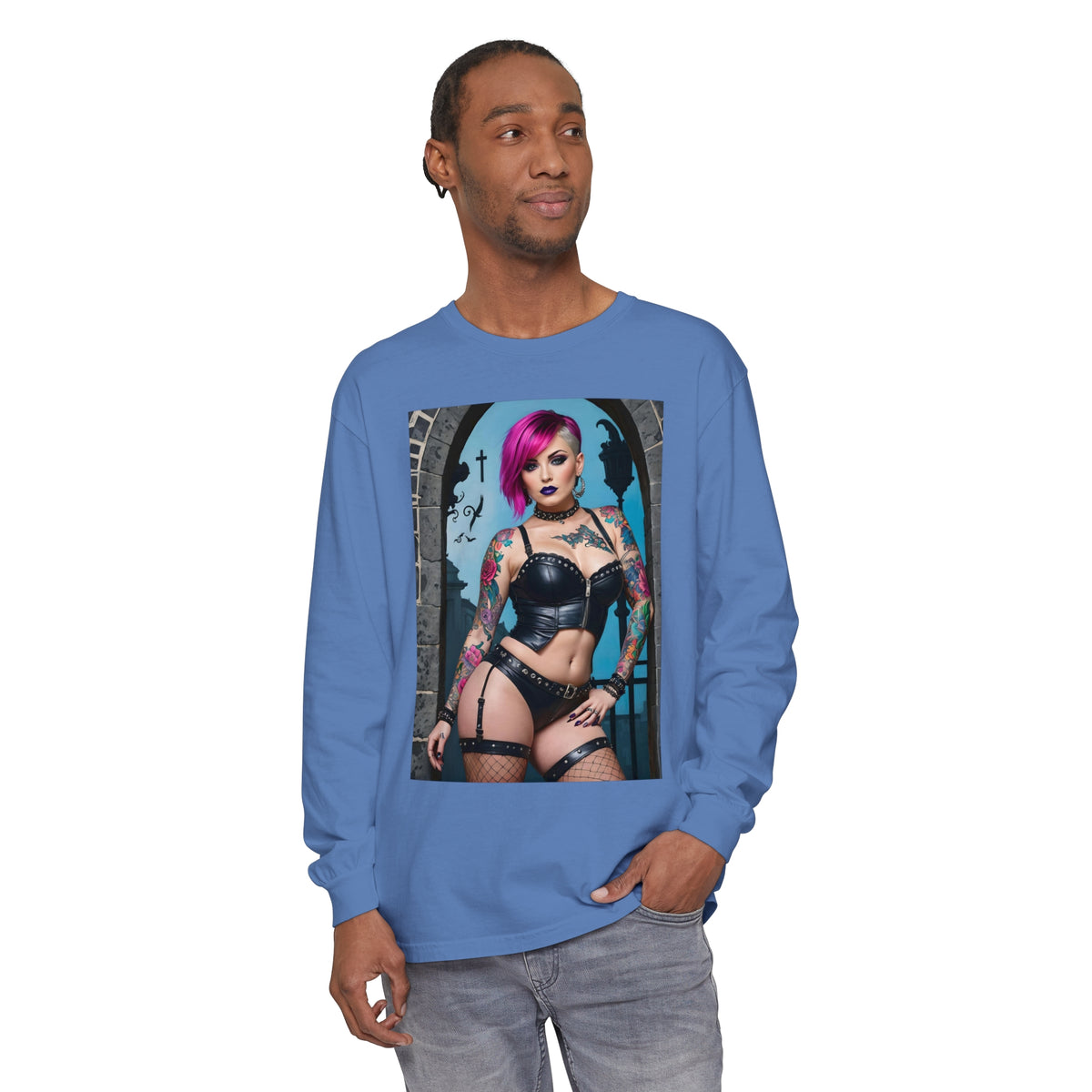 Goth Graveyard Girl Series - Design Six - Unisex Garment-dyed Long Sleeve T-Shirt