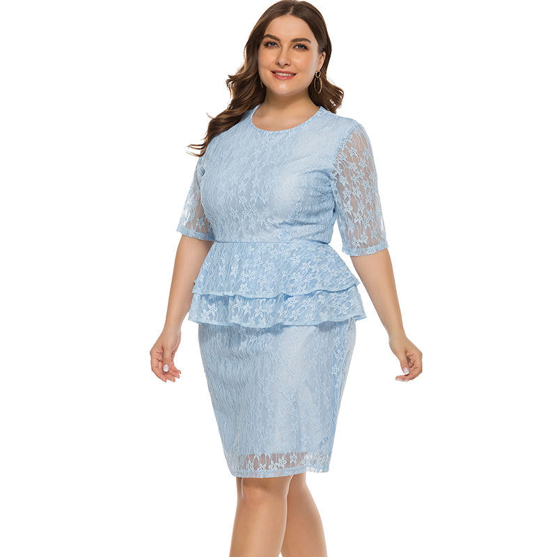 Plus Size Full Lace Peplum Waist Three Quarter Sleeve Midi Length Elegant Dress