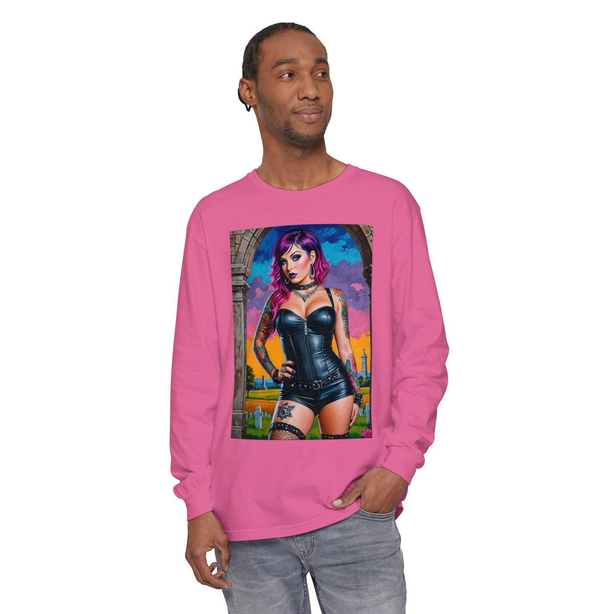 Goth Graveyard Girl Series - Design Three - Unisex Garment-dyed Long Sleeve T-Shirt