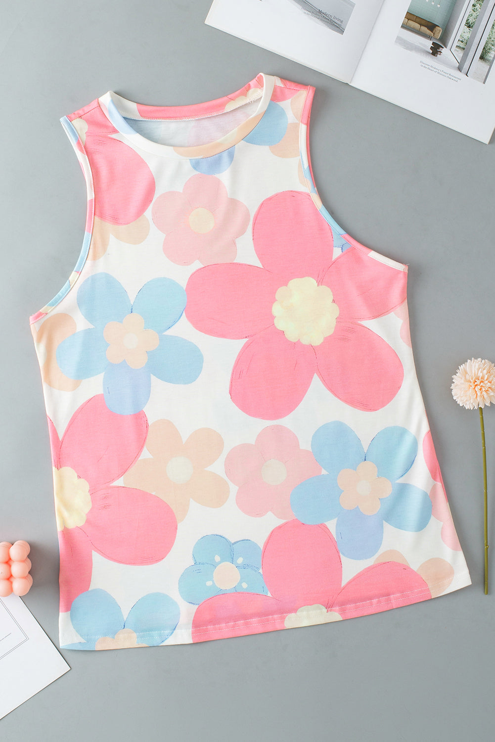 Pink Floral Print Sleeveless Top | Round Neck Women’s Blouse