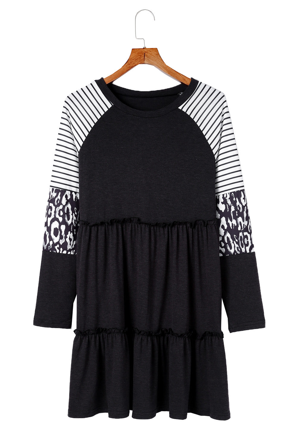 Black Striped Leopard Patchwork Pleated Long Sleeve Dress