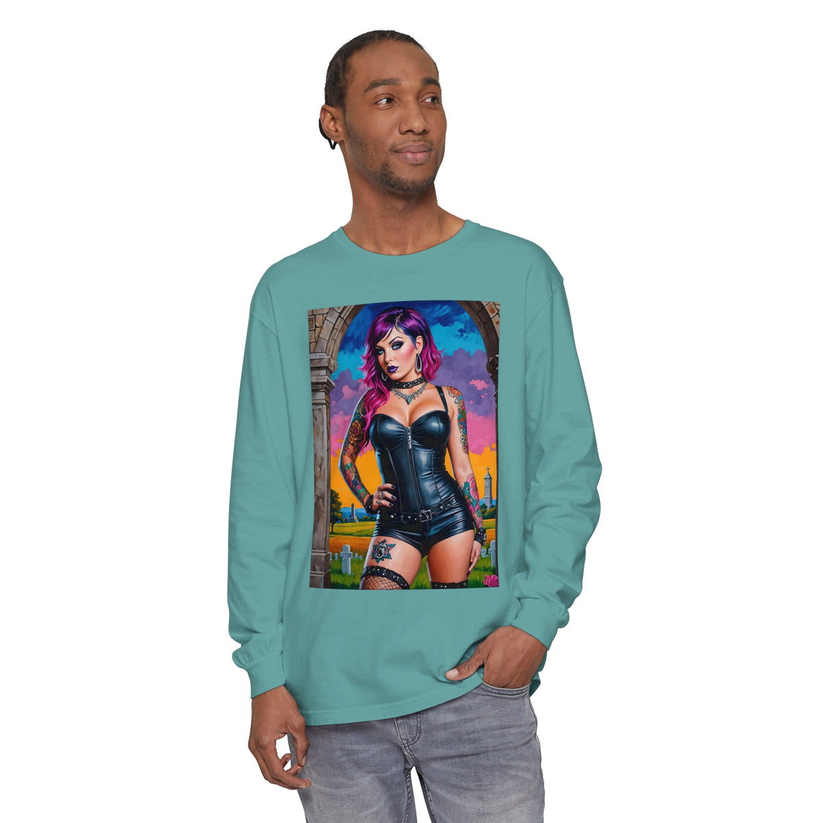 Goth Graveyard Girl Series - Design Three - Unisex Garment-dyed Long Sleeve T-Shirt