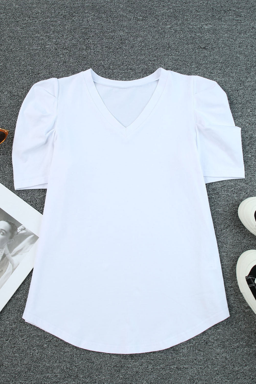 Rose Puff Sleeve V-Neck T-Shirt