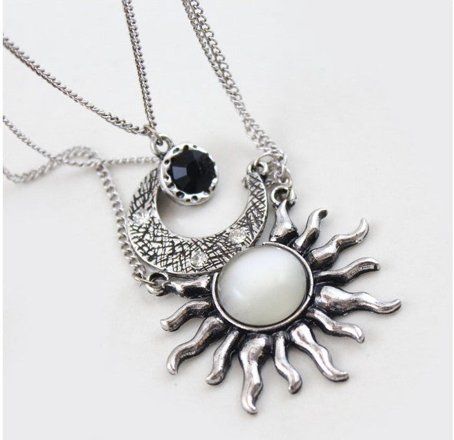 Layered Sun Moon and Stone Necklace