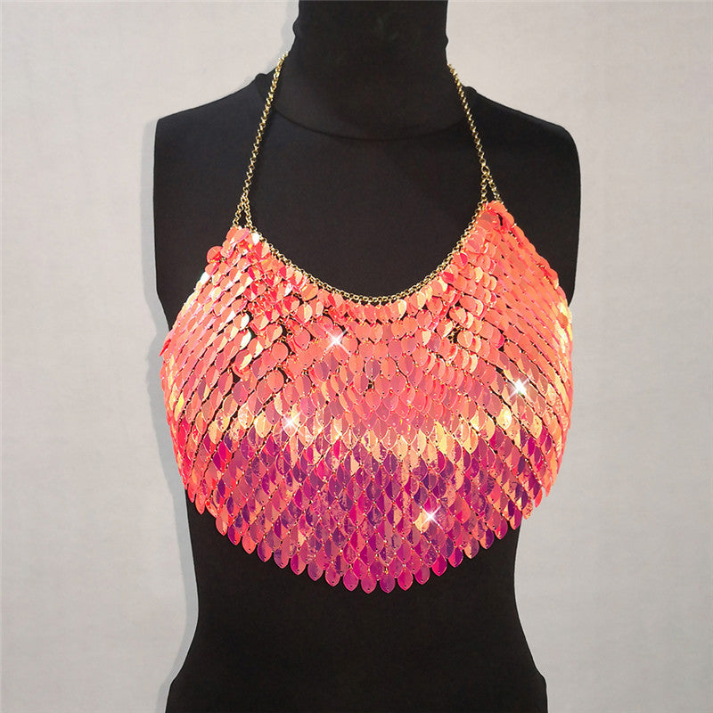 Sexy Iridescent Sequin Festival Fashion Halter Sling Backless Bandana Top