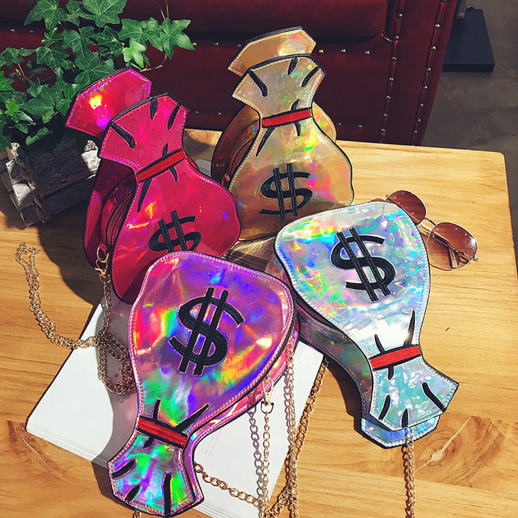 Laser Holographic Money Bags Embroidered Small Purse With Chain Shoulder Strap