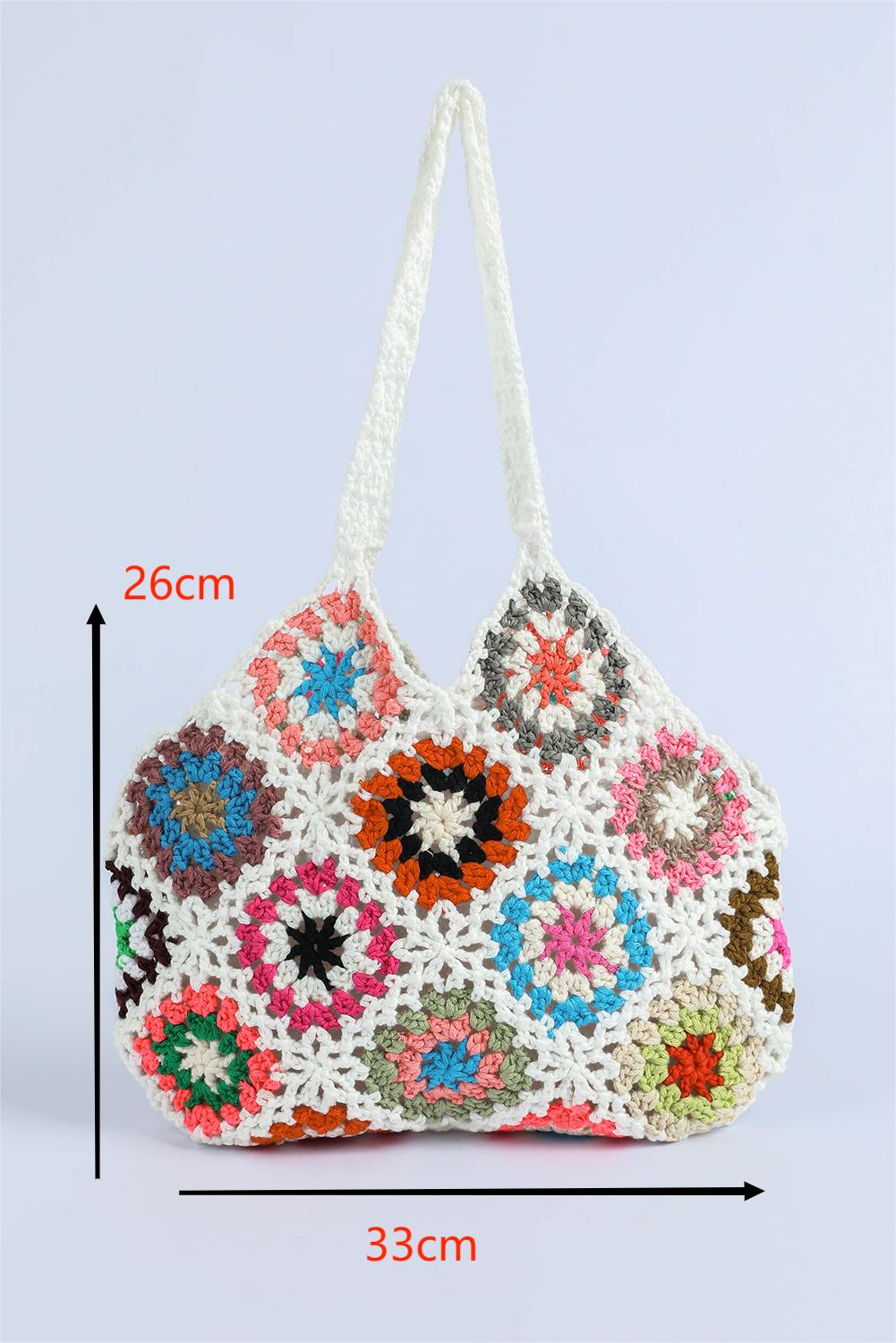 White Boho Floral Crochet Retro Quilt Knit Handbag