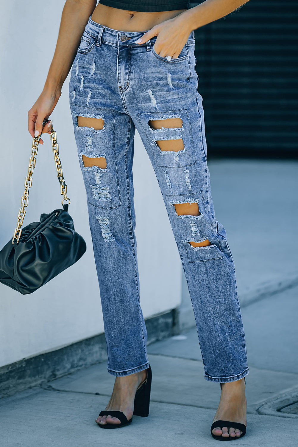 Gray Buttoned Pockets Distressed Jeans