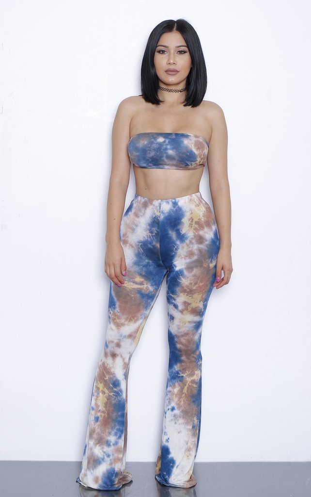 Tie Dye Bandage Tube Top And Flared Leg Pants Two Piece Outfit Sets