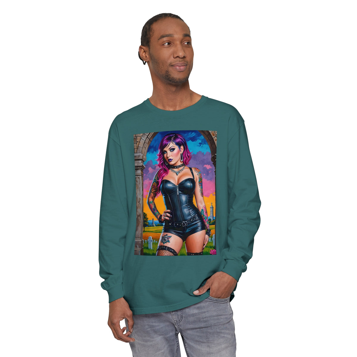 Goth Graveyard Girl Series - Design Three - Unisex Garment-dyed Long Sleeve T-Shirt