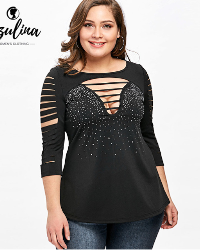 Because I Sparkle! Sexy Plus Size Cut-Out Three Quarter Sleeve Tunic Tee