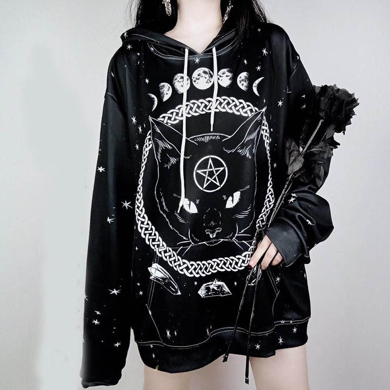 Street Gothic Cat Print Loose Hooded Sweater