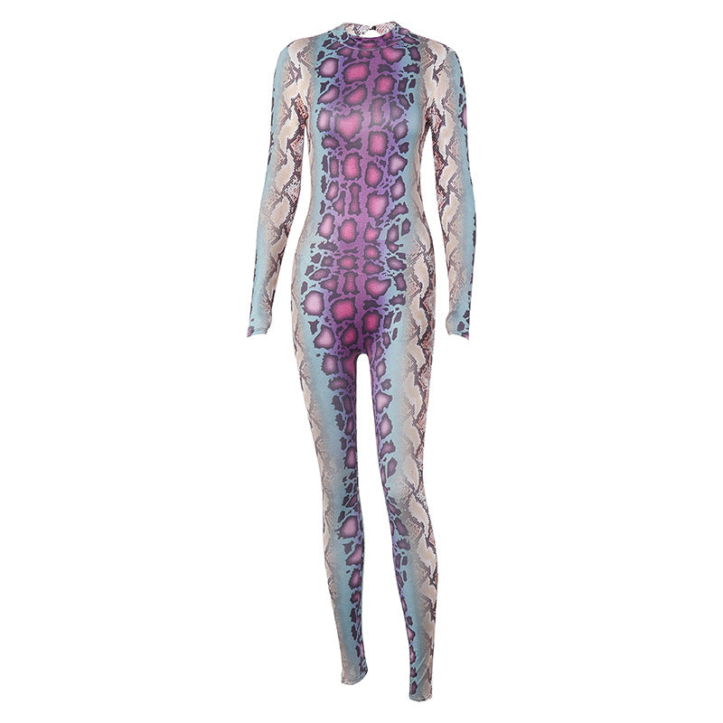 Multi Color Long Sleeved Snake Print Sheer Bodysuit