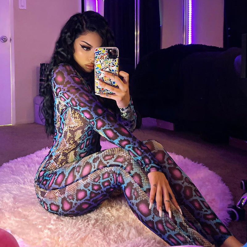 Multi Color Long Sleeved Snake Print Sheer Bodysuit