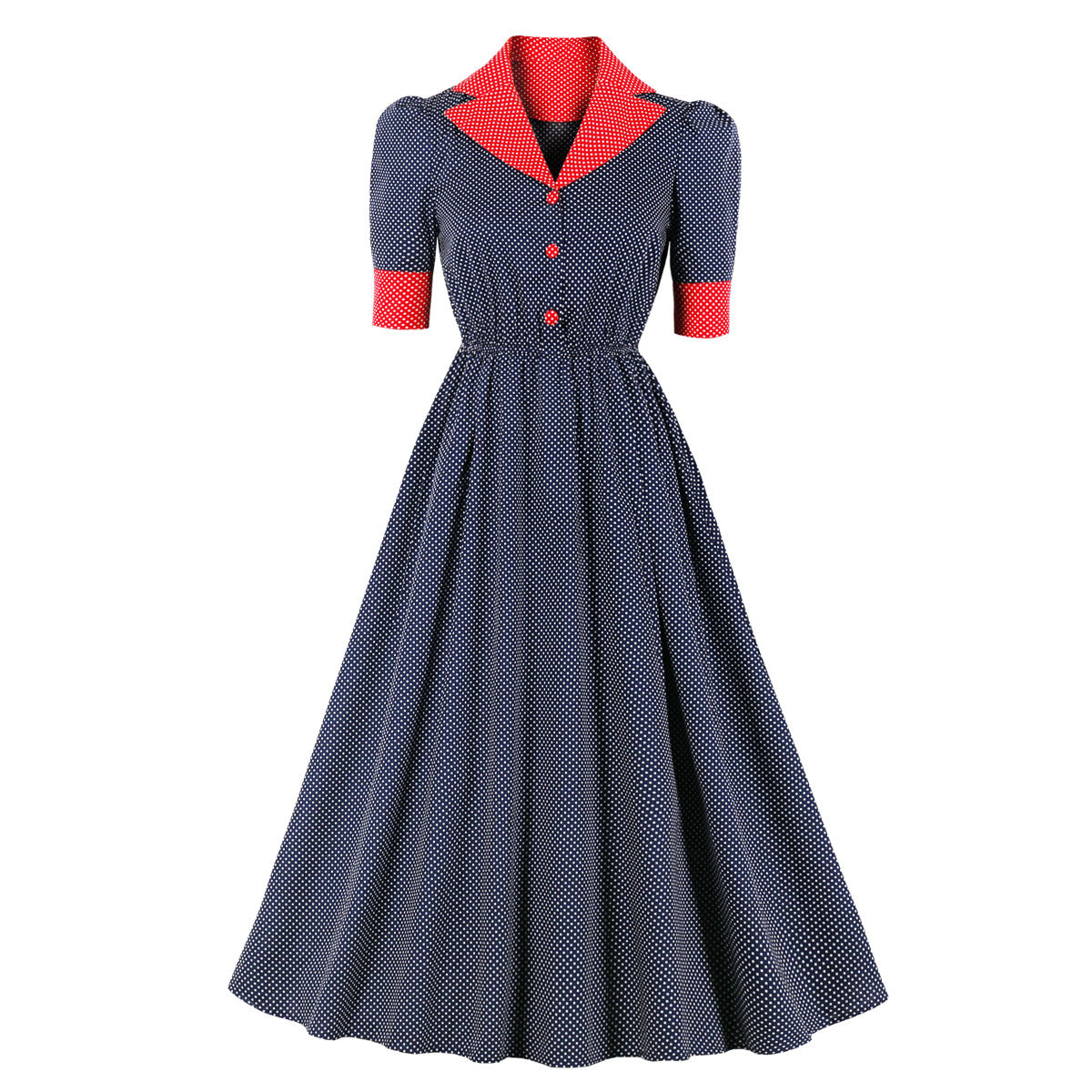 Hepburn Style Quarter Sleeve Polka Dotted and Collared Retro Swing Dress