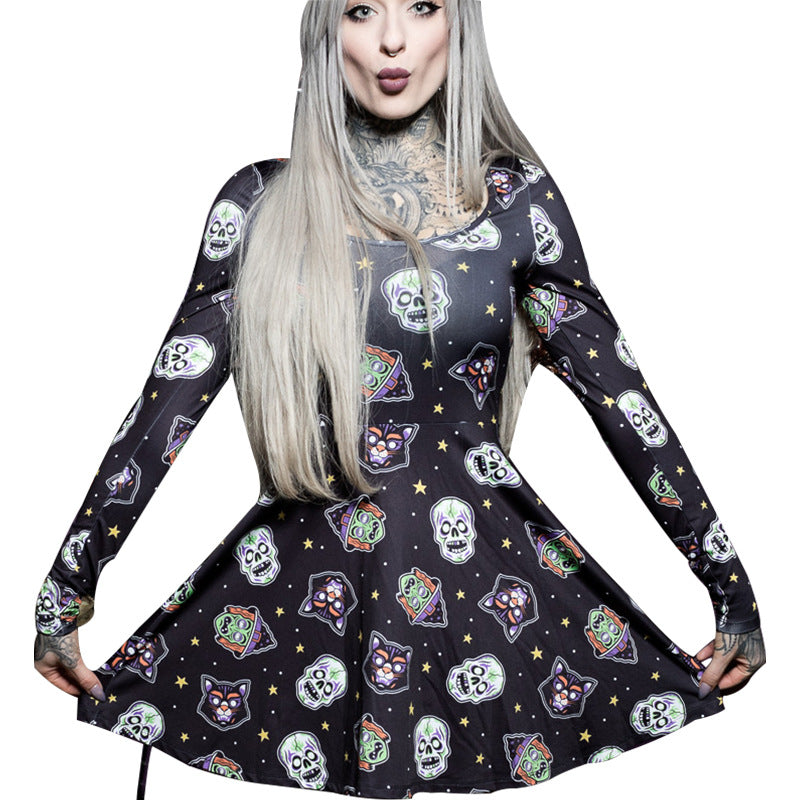 Wansheng Clothing Festival Printed Skull Dress