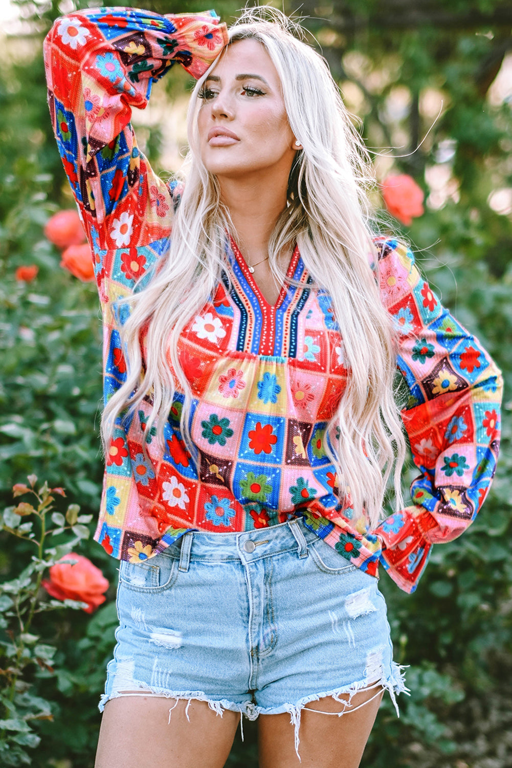 White Checkered Flower Print Boho Bubble Sleeve Blouse