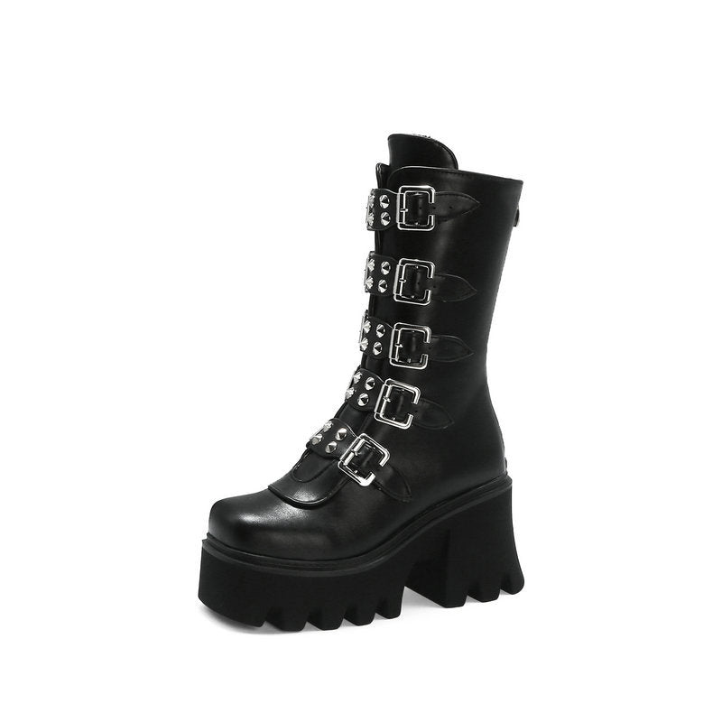 Punk Style Front Buckle Detail Regular Platform Women's Boots