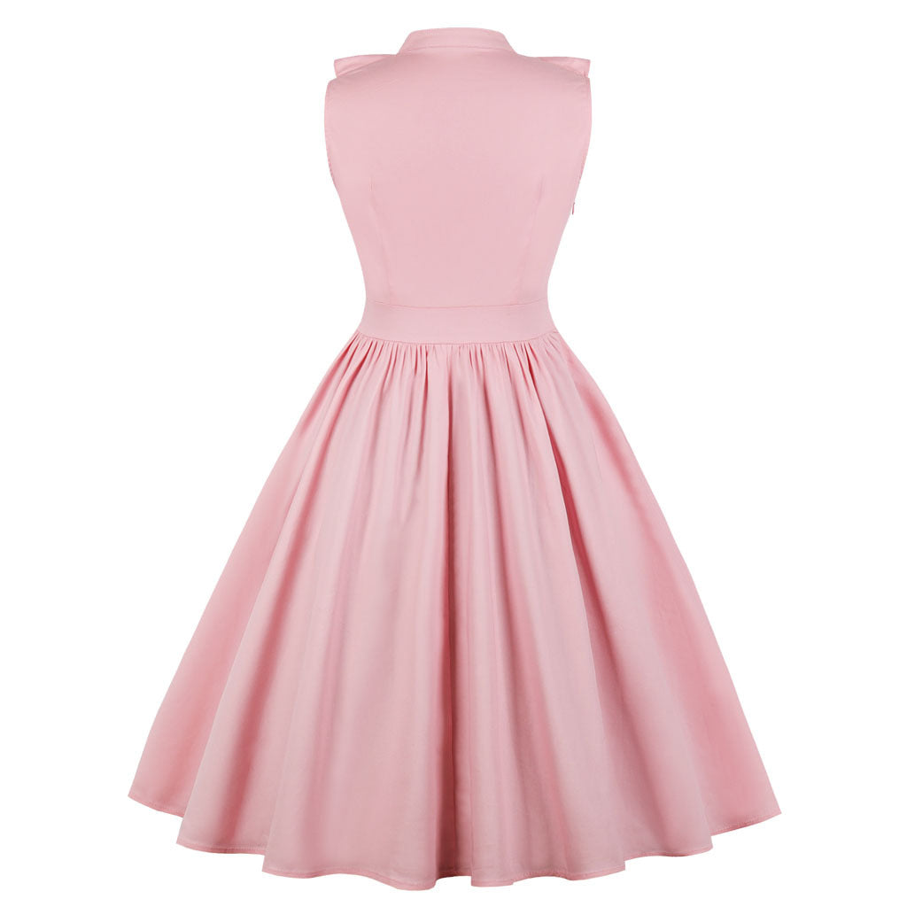 V Neck Ruffle Front Solid Colored Retro Swing Dress