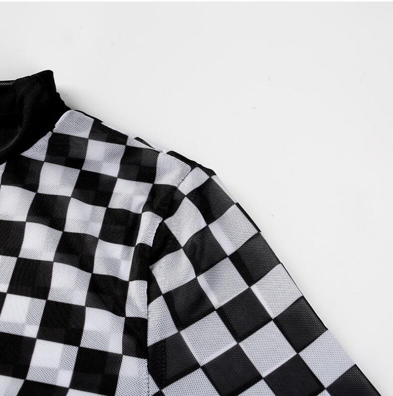 Punk Rock Checkerboard Mesh Sheer Long Sleeved Shirt