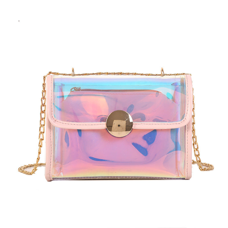 Laser Holographic Pastel Rainbow Shoulder Bag With Chain Strap