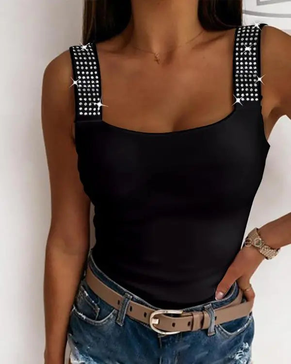 Rhinestone Embellished Thick Strap Tank Top