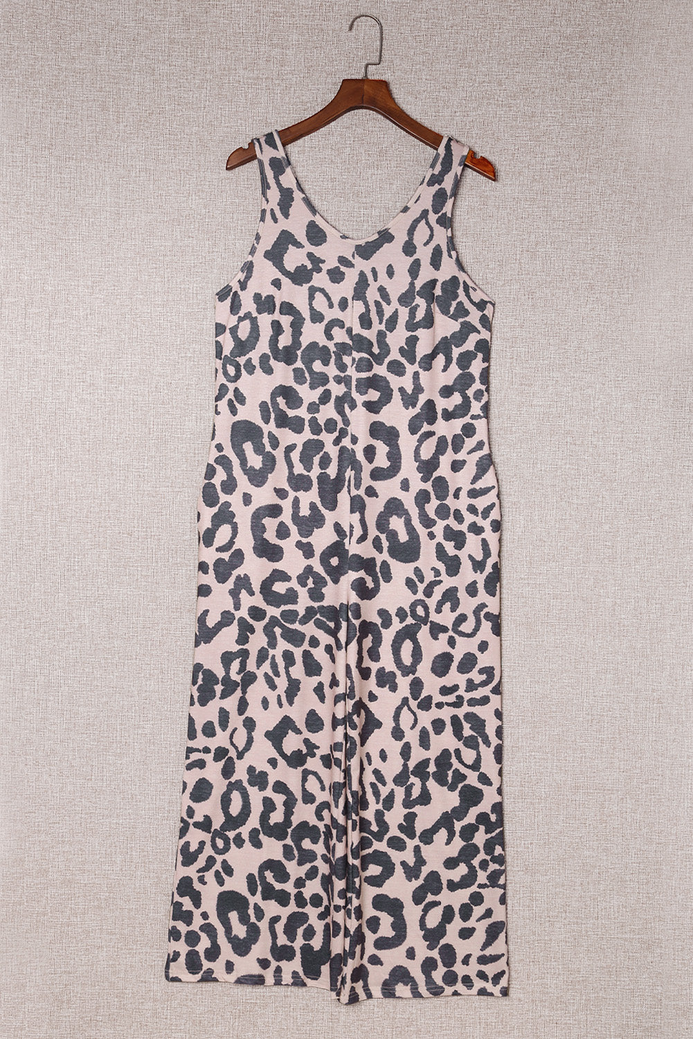 Leopard Print Pockets Sleeveless Wide Leg Jumpsuit