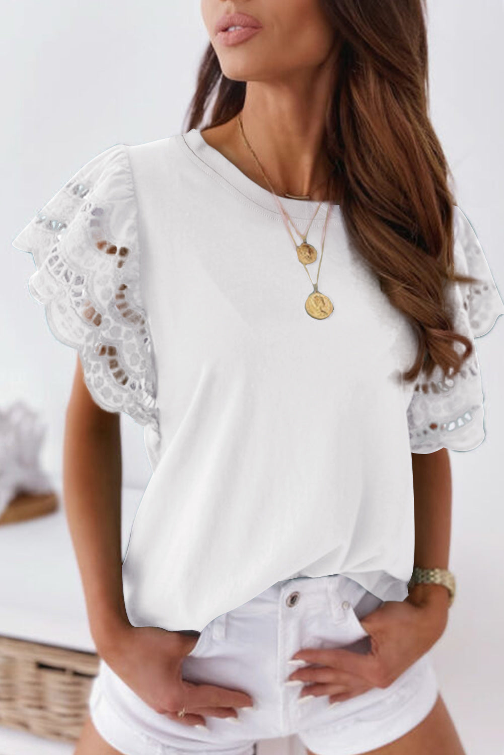 White Eyelet Butterfly Sleeve Business Casual Top