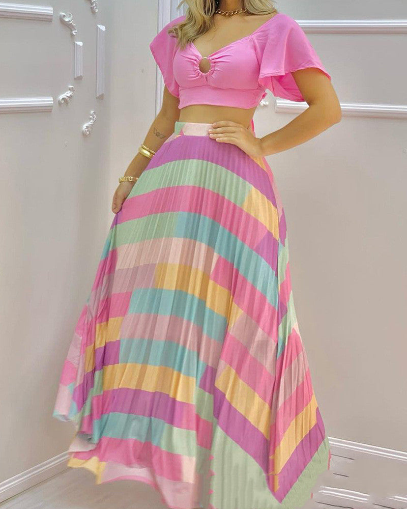 Women's Pink Sweetheart Crop Top and Colorful Pastel Striped Maxi Skirt Two Piece Set