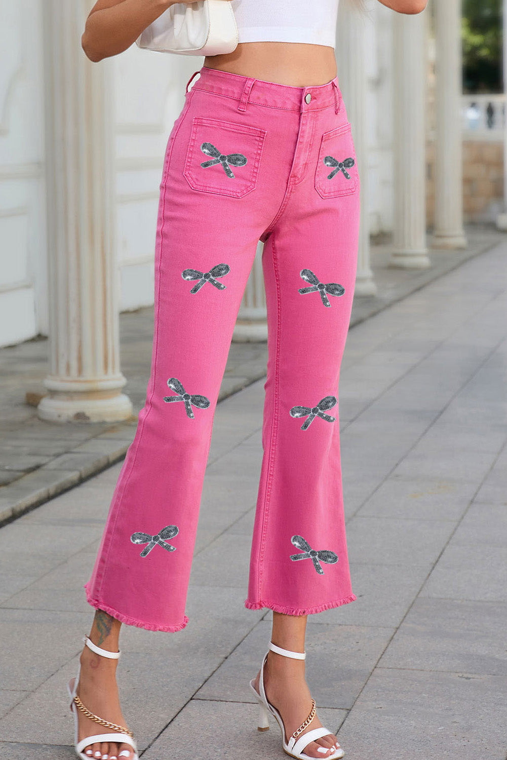 Pink Sequin Bow Knot Graphic Raw Hem High Waist Flared Jeans