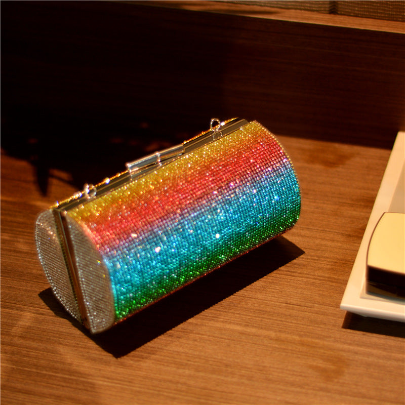 Rainbow Gradient Luxury Rhinestone Bling Party Clutch Evening Bag With Shoulder Chain