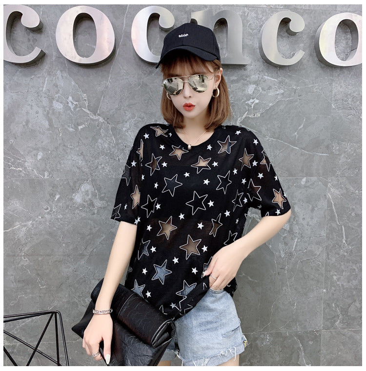 XINGX Loose Mesh Hollow Star Patterned Short Sleeve Sheer Shirts