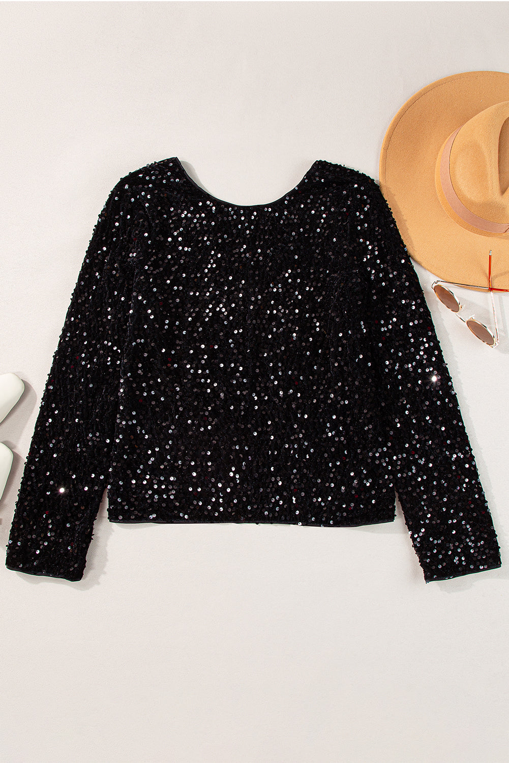 Black Sequin Long Sleeve Cutout Back Top | Women’s Glamorous Blouse