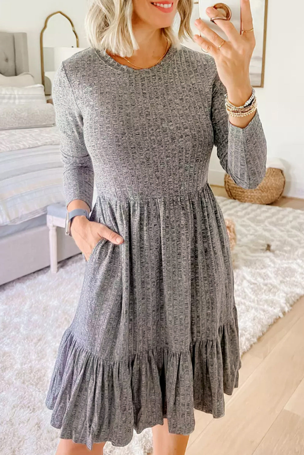 Gray Pocket Ribbed Pleated Ruffle Hem Dress