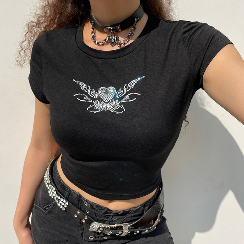 Hot Girl Retro Throwback Rhinestone Cropped Short Sleeved Tee Shirt