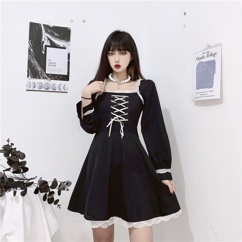 Dark Sailor Girl Ribbon Adorned Lace Up Delicate Lace Detailed Goth Rocker Dress