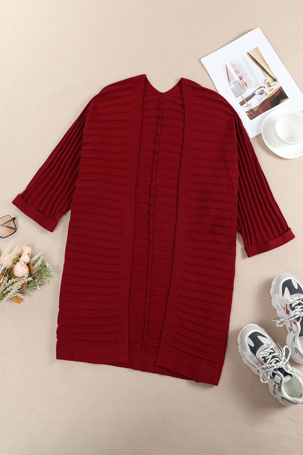 Red Ribbed Half Sleeve Open Front Knit Cardigans