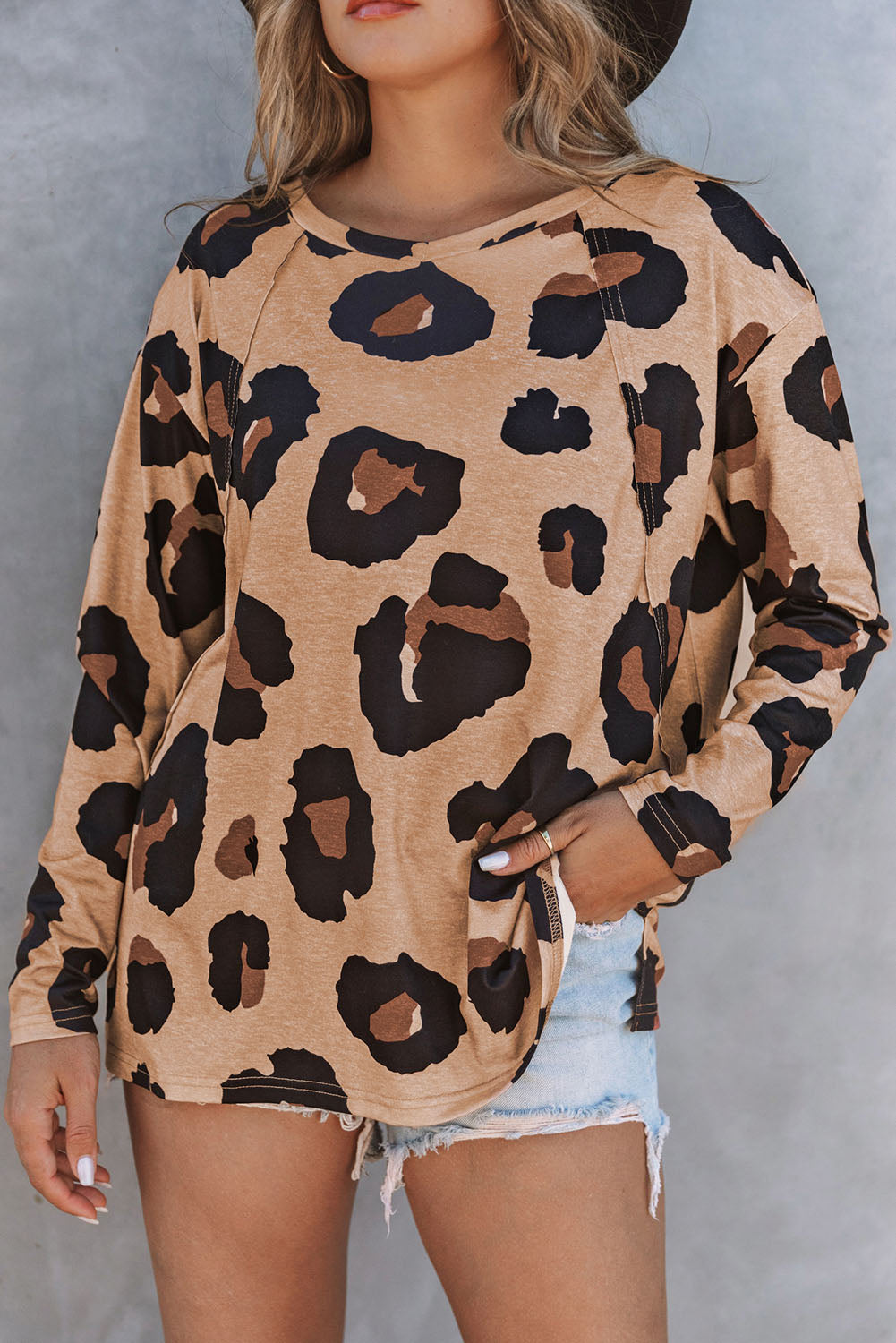 Grey Animal Print V Neck Casual Long Sleeve Shirt