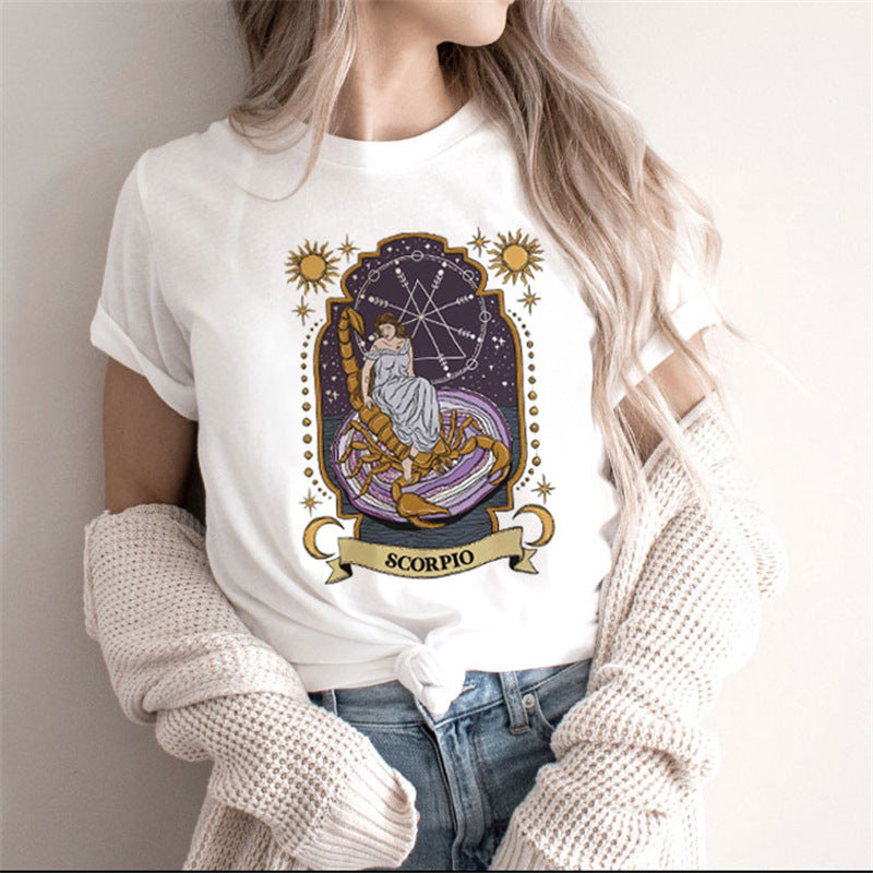 Fashion Moon Astrological Sign Round Neck Short Sleeved Graphic Print Tee Shirt