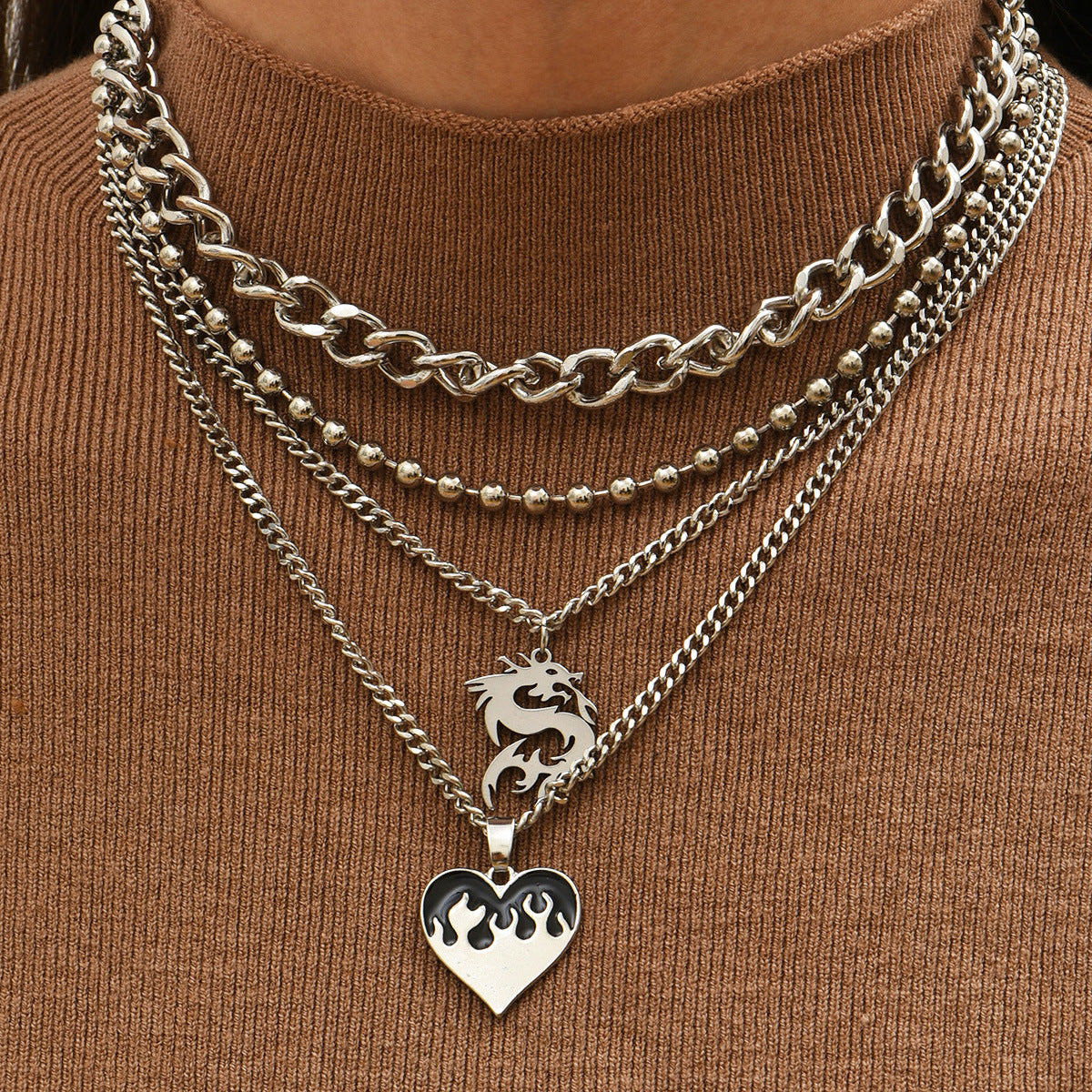 Simple Love Dragon Stacked and Layered Chain Pendant Necklace