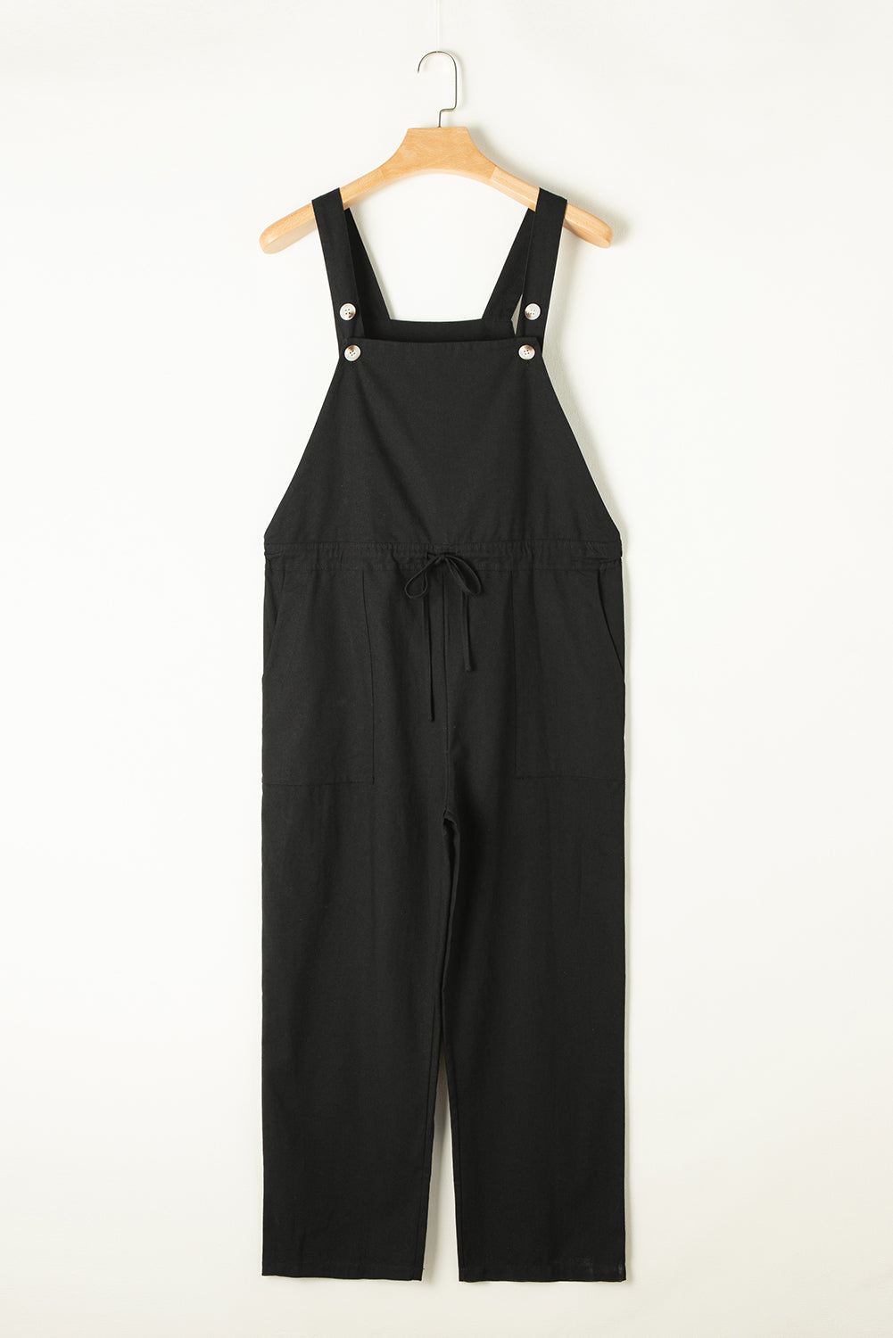 Black Drawstring Buttoned Straps Cropped Overalls - Stylish and Comfortable Women's Jumpsuit