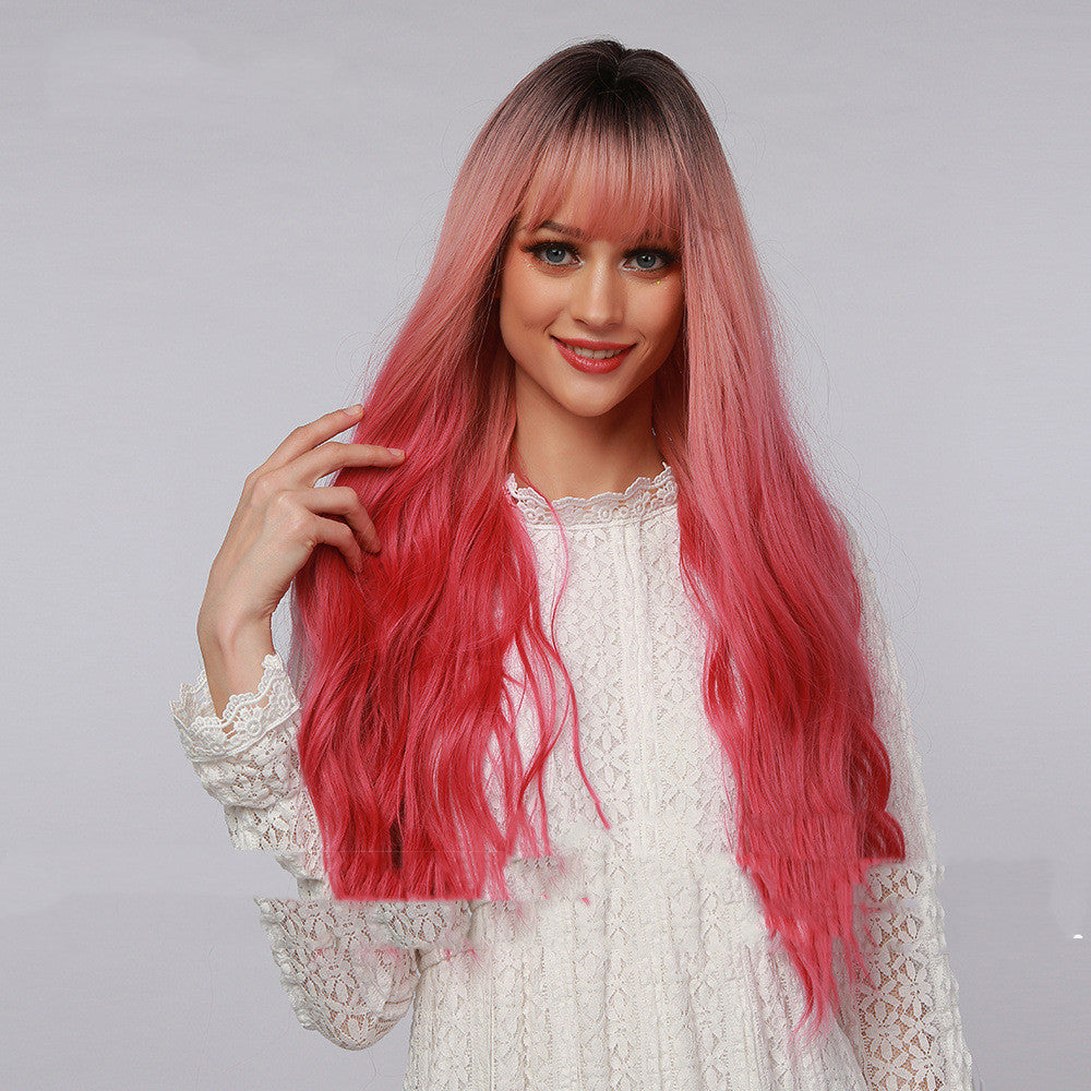 Synthetic Low Wave Long Wig With Straight Bangs Rose Gold to Rose Red Gradient