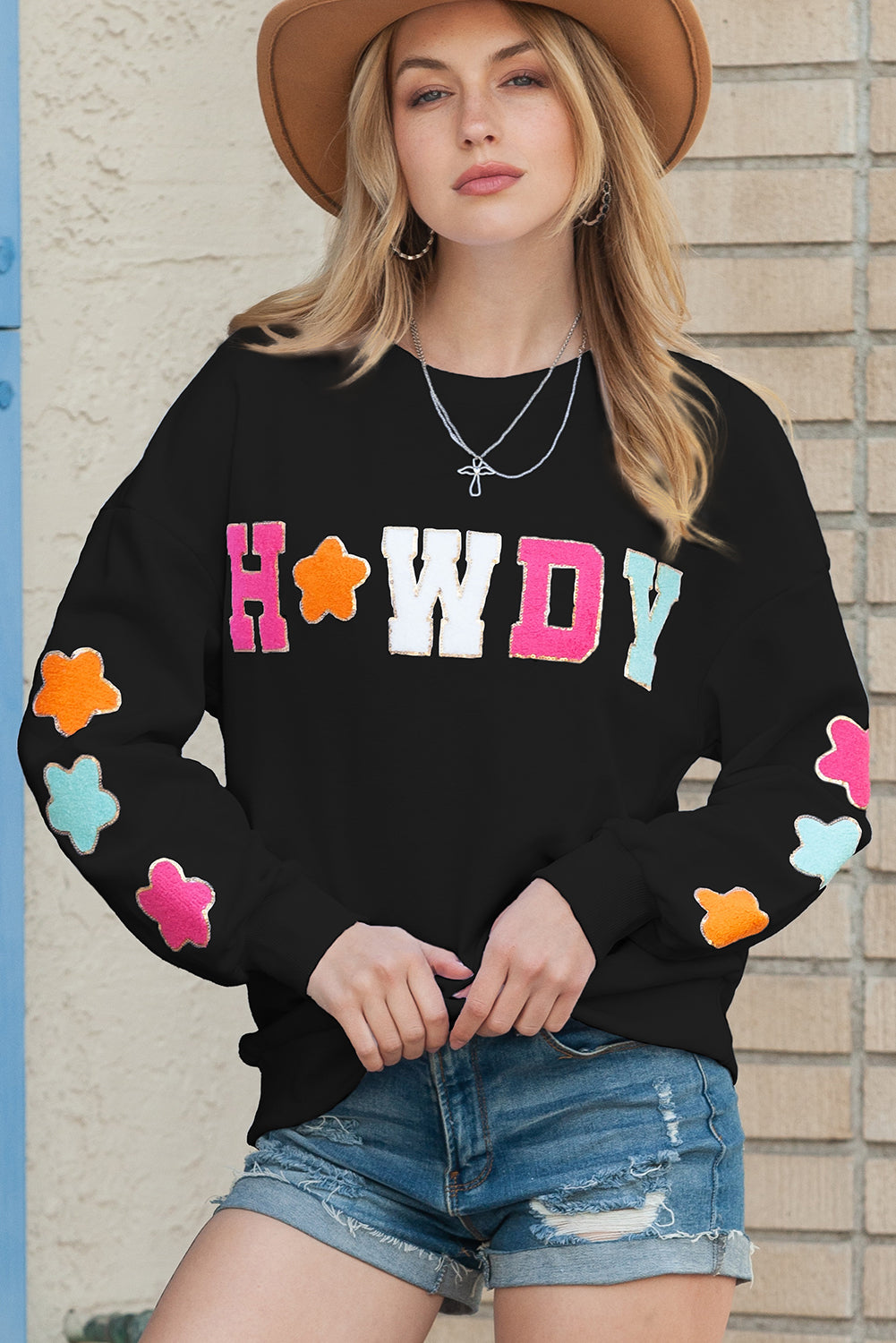Black Glitter Howdy Patch Casual Star Sweatshirt