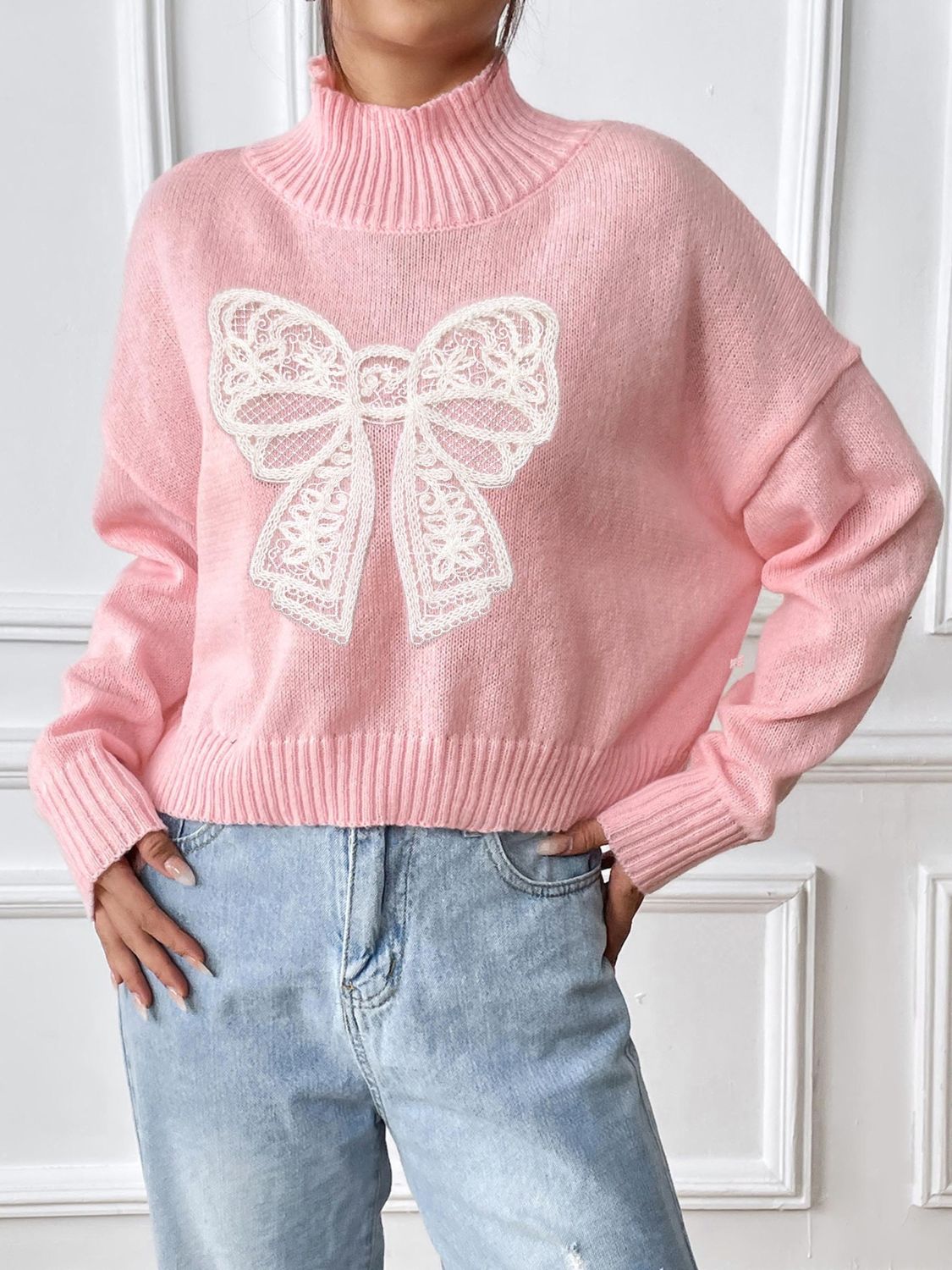 Lace Bow Turtleneck Long Sleeve Sweater