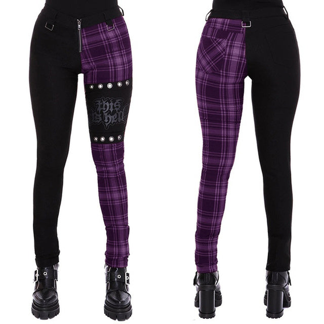 Plaid Pants High Waist Gothic Punk Pants Color Blocked Leggings