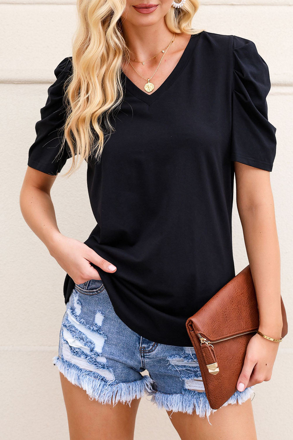 Rose Puff Sleeve V-Neck T-Shirt