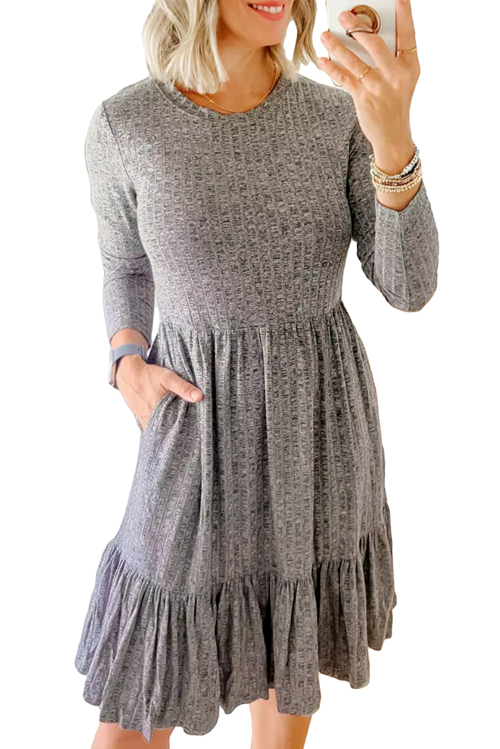 Gray Pocket Ribbed Pleated Ruffle Hem Dress