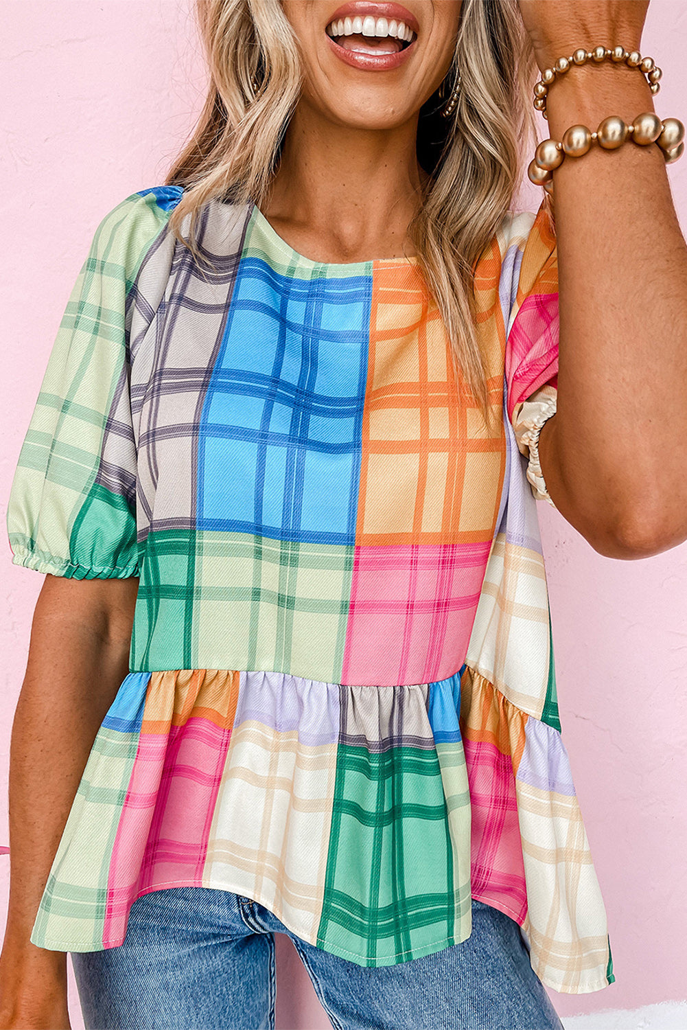 Multicolor Plaid Puff Sleeve Casual Peplum Top