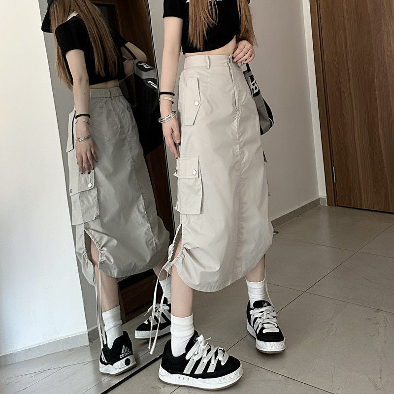 That Cargo Skirt Retro Mid Length Khaki Skirt